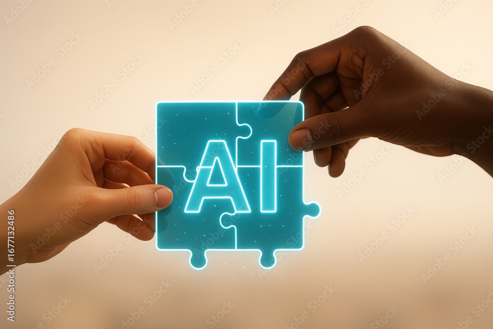 Poster diverse hands connecting ai puzzle pieces in unity