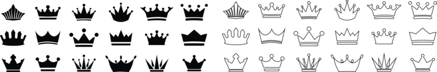 Princess Crown Icon Set, Collection and Group Black Royal Tiara, Queen Diadem, Luxury Jewelry Symbol Vector in Flat and Line Style for Fashion, Elegance, Beauty, Glamour and Decorative Design