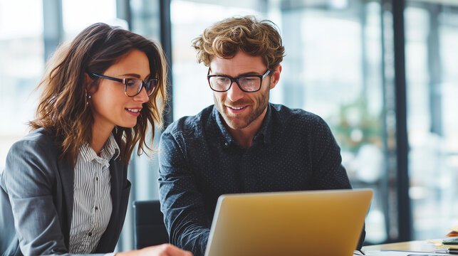 a male and female office worker working together on a laptop in a modern meeting room, looking at the screen of the computer while sitting behind a desk with papers. - Powered by Adobe