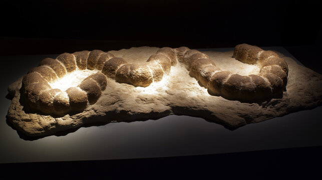 A fossilized two-headed serpent emerging dramatically from stone under museum lighting, evoking ancient mysteries.