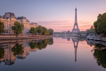 Parisian riverfront at dawn, Eiffel Tower reflected