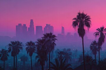 City skyline at dawn, vibrant colors, palm trees