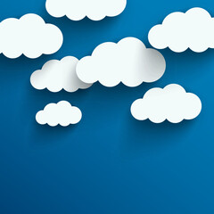 Vector Background with White Paper-Cut Style Clouds and Drop Shadows on a Bright Blue Sky Background