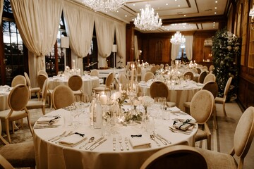 Winter wedding table settings and centrepiece in dining room with lights and candles