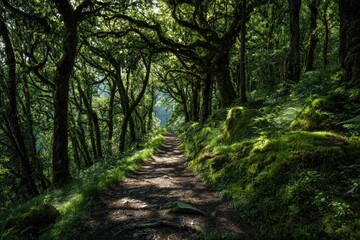 Fototapeta premium Sun-dappled forest path winding through dense trees