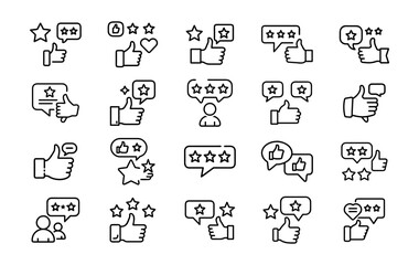 Customer feedback icons set with stars thumbs up speech bubbles and user profiles