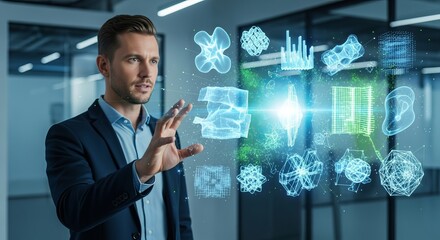 Caucasian businessman interacts with holographic AI visualization in modern office environment
