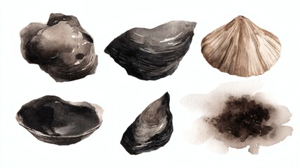 A collection of watercolor illustrations of various seashells, including clams and scallops, in shades of black and brown