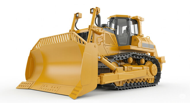 Heavy yellow bulldozer construction vehicle with a large front blade, industrial machinery concept, isolated transparent background.
