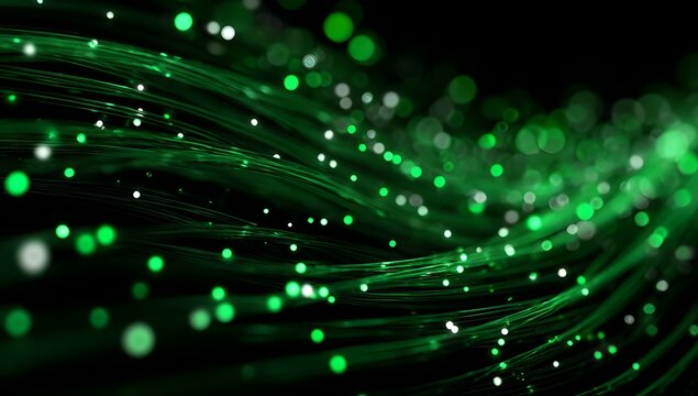 Abstract green particle wave with glowing light effect on black background