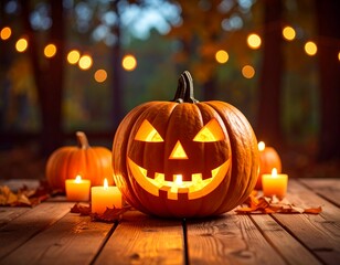 Generated image of lighted pumpkin with bokeh lights in the background