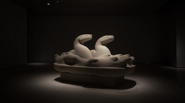 A fossilized two-headed serpent emerging dramatically from stone under museum lighting, evoking ancient mysteries.