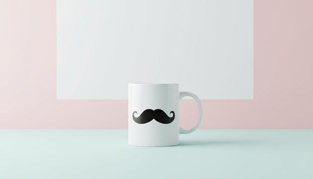 White coffee mug with black mustache print on pastel background - Powered by Adobe