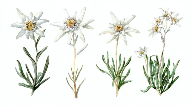A watercolor illustration of edelweiss flowers, showcasing different stages of bloom with white petals and yellow centers, surrounded by green leaves