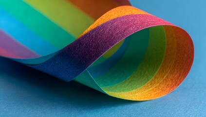 Curled rainbow textured paper on blue background