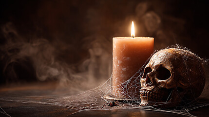  Halloween composition of candles with spider web and skull, space for text included