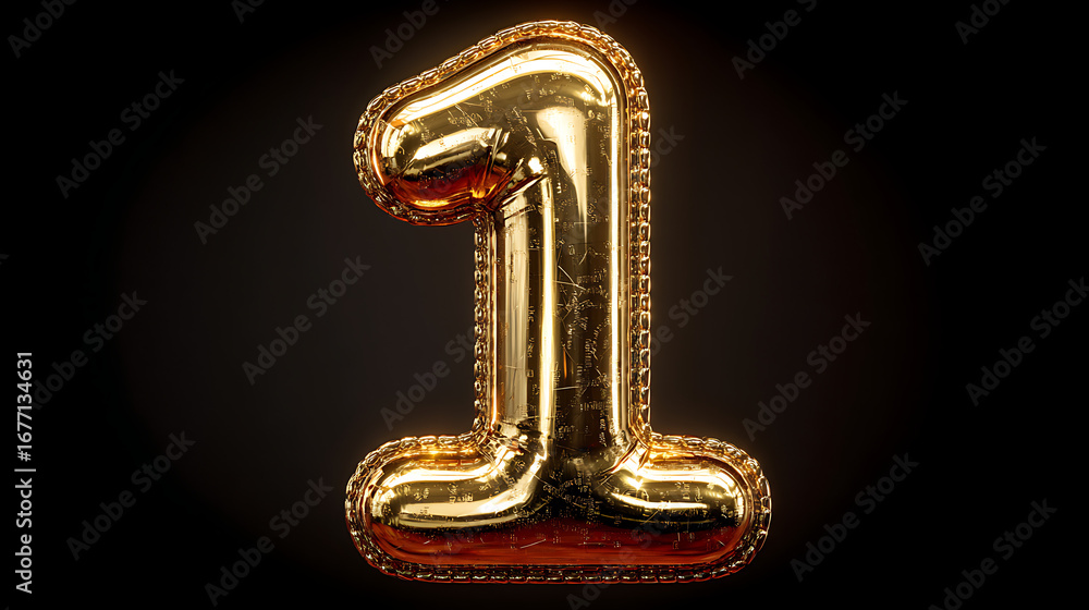 Poster golden shiny number one with text on dark background