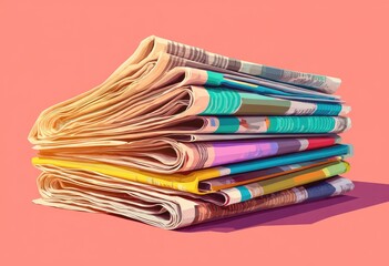 Stack of colorful newspapers on a pink surface
