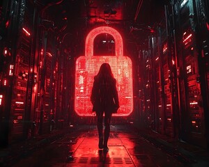 Cyber Thief Unlocking a Giant Digital Padlock in a Secret Server Room