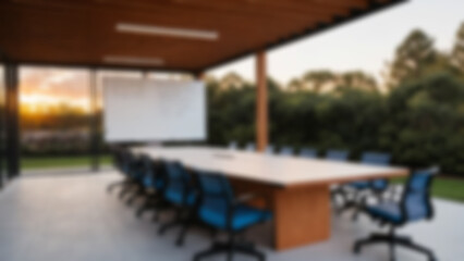 Outdoor meeting room interior with wooden meeting table, large whiteboard, outdoor theme, evergreen, blur wallpaper.