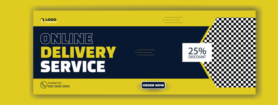 Modern online delivery service advertisement with discount offer and package on a doorstep