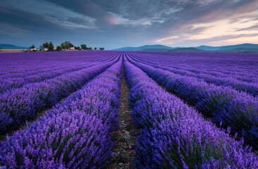 Vast lavender field at dawn, rows extending to horizon