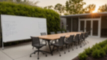 Obraz premium Outdoor meeting room interior with wooden meeting table, large whiteboard, outdoor theme, evergreen, blur wallpaper.