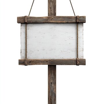 Rustic wooden signboard, blank, hanging from a weathered cross-beam