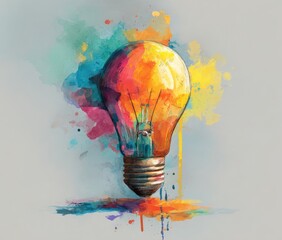 Colorful lightbulb surrounded by abstract paint splatter
