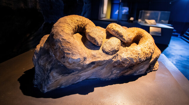A fossilized two-headed serpent emerging dramatically from stone under museum lighting, evoking ancient mysteries.