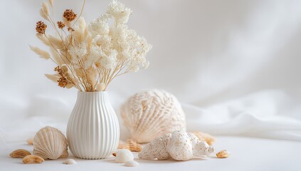 Obraz premium Delicate, dried flowers and seashells in a white vase, soft lighting
