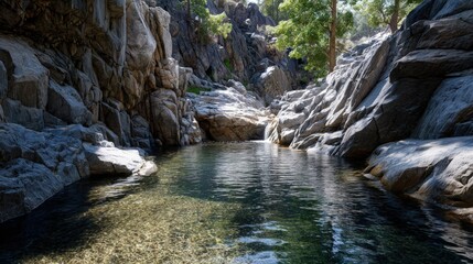 Fototapeta premium Serene pool nestled within a rocky canyon, reflecting the surrounding nature.