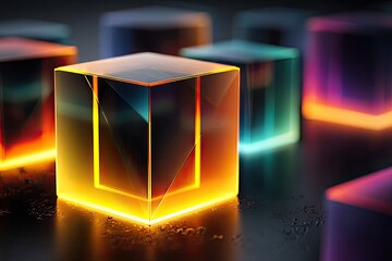 Glowing translucent cubes, studio, vibrant colors, futuristic design