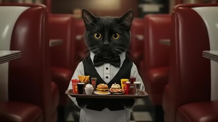 A cat dressed as a waiter serves fast food in a retro diner with red booths and checkered floor
