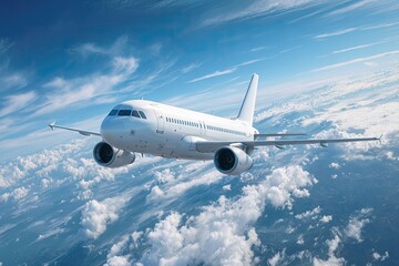White jetliner soaring above fluffy clouds and a mountain range