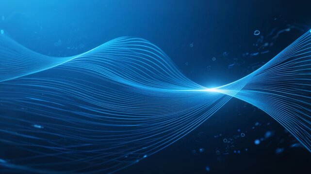 Deep sea blue business background, technological distortion of thin lines, integrated with a beam of light