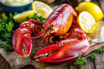 Cooked lobster on rustic wooden board with lemon wedge, parsley garnish, and melted butter, vibrant red shell and succulent claw meat inviting appetite