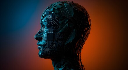 Obraz premium Futuristic Cybernetic Human Head with Circuitry and Gradient Lighting, copy space for technological concept 