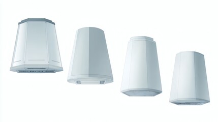 A collection of modern, sleek kitchen range hoods in various shapes and angles, showcasing a minimalist design