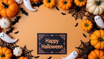 A festive Halloween arrangement with jack o' lanterns, ghosts, and a "Happy Halloween" message on a vibrant orange background.