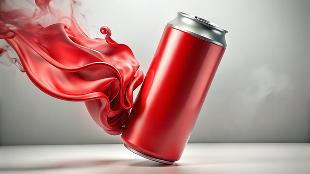 Dynamic red liquid splashing out of a metallic can against a textured gray background