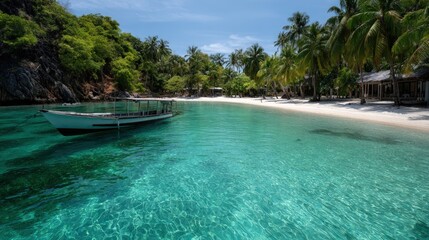 Obraz premium Tranquil turquoise waters lap a pristine white sand beach, fringed by lush green foliage and a small boat.