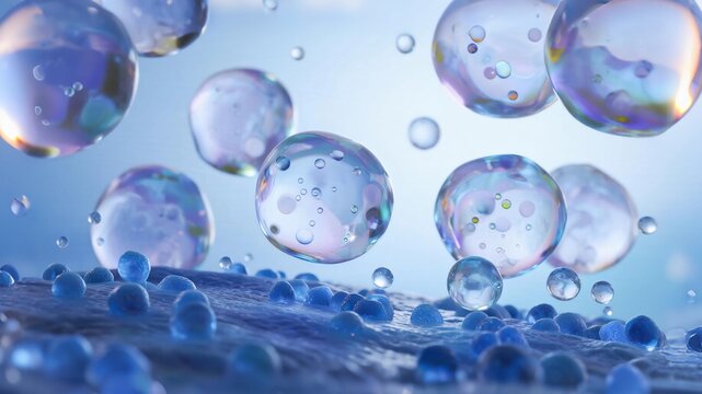 Multiple transparent irregular bubbles float in a light blue gradient background, creating a microcosmic and refreshing aquatic atmosphere.