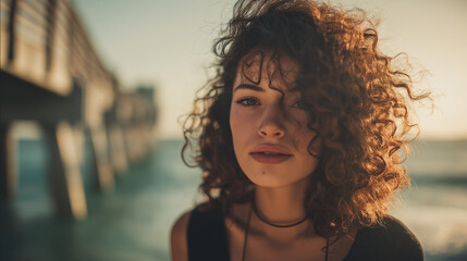 Fototapeta premium young woman with natural curly hair, minimal summer look