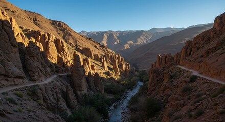 Scenic Canyon Trail with River and Mountains at Sunrise.
