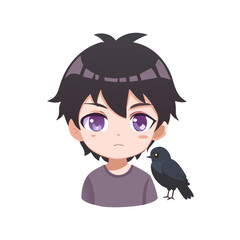 Quiet Anime Boy with Stormy Grey Eyes and a Crow