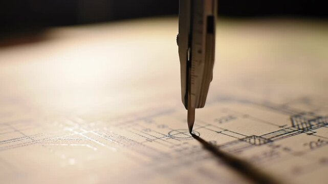 Close-up of architect's compass drafting construction plan, architectural blueprint for building design with blueprint compass.