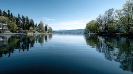 Keuken achterwand Reflectie A serene lake scene showcases a tranquil shoreline with lush greenery reflected perfectly in the calm water, creating a peaceful and picturesque view under a clear sky.  © daanish