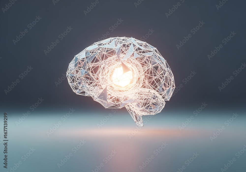 Poster glowing abstract brain made of geometric wireframe with bright light core symbolizing artificial int