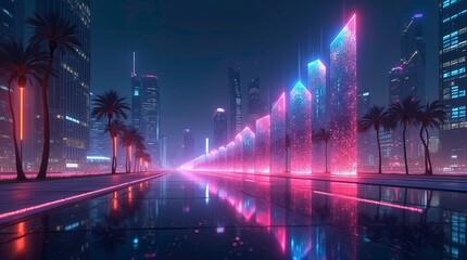 Abstract modern city at night with tall skyscrapers and glowing lights overlaid with vibrant holographic